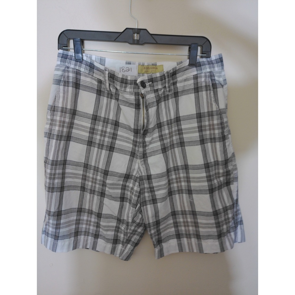 Sonoma Plaid Shorts Mens 34 White Grey Flat Front Cotton Casual Coastal 1821